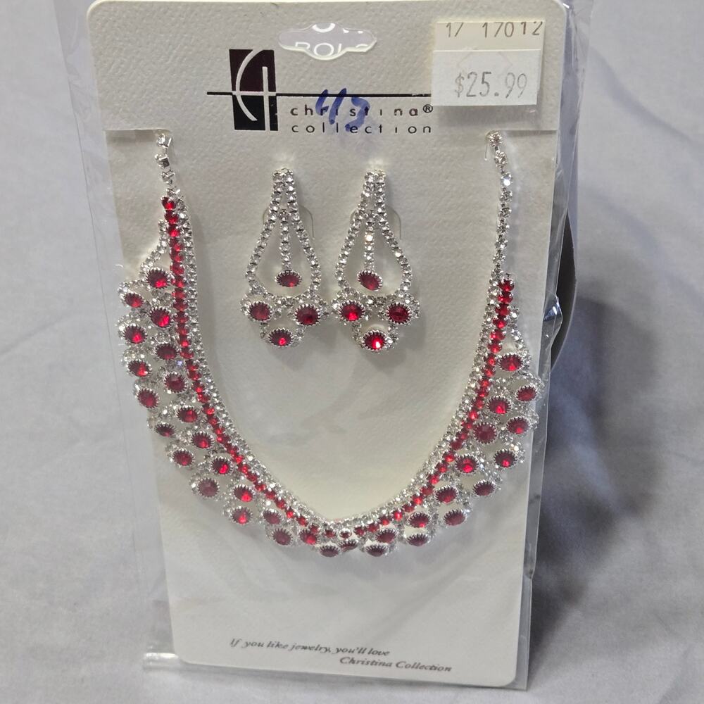Christina Collection silver-toned red rhinestones necklace and earring set
